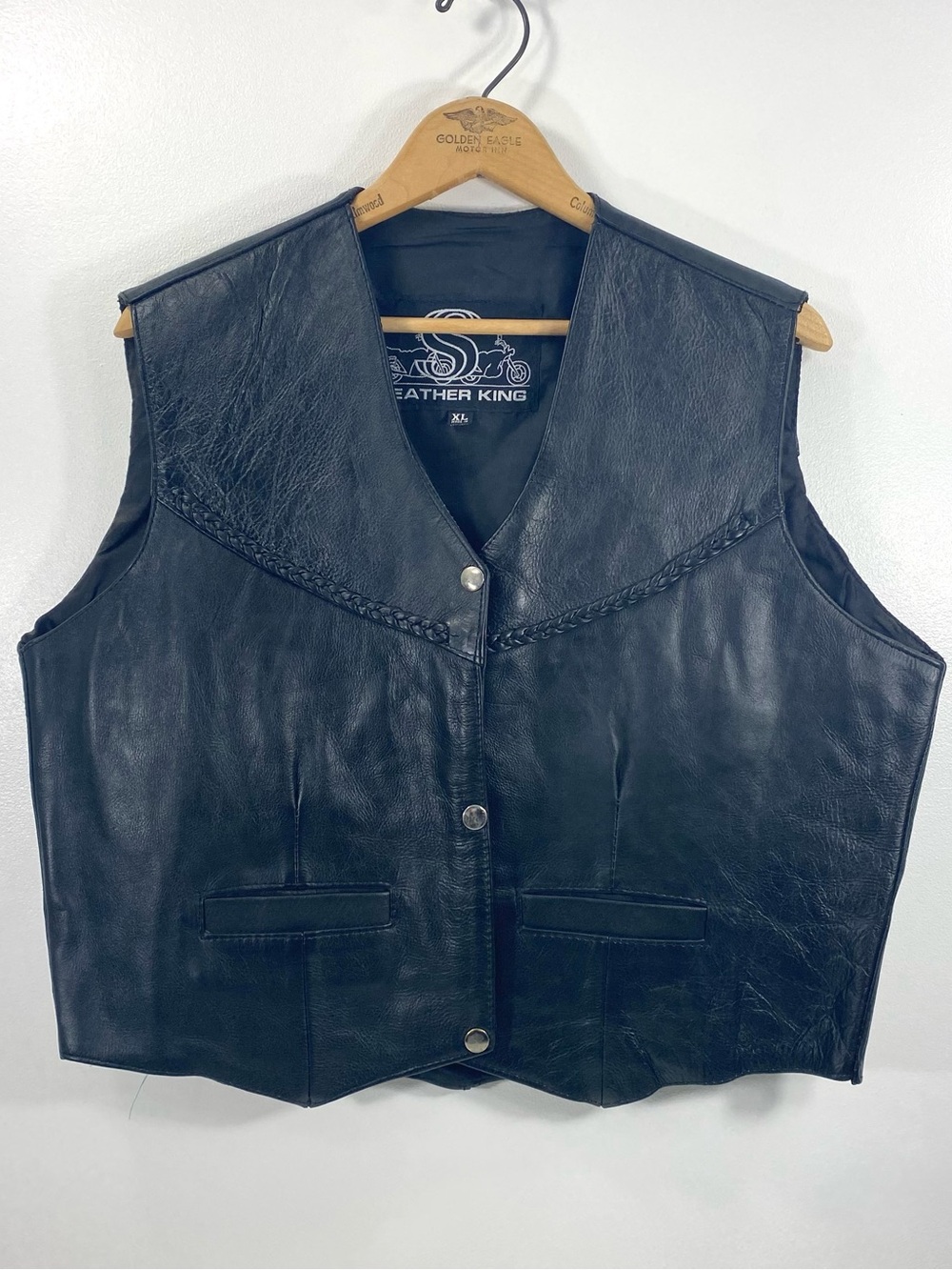 Vintage Leather King Black Genuine Leather Motorcycle Moto Biker Riding Vest XL